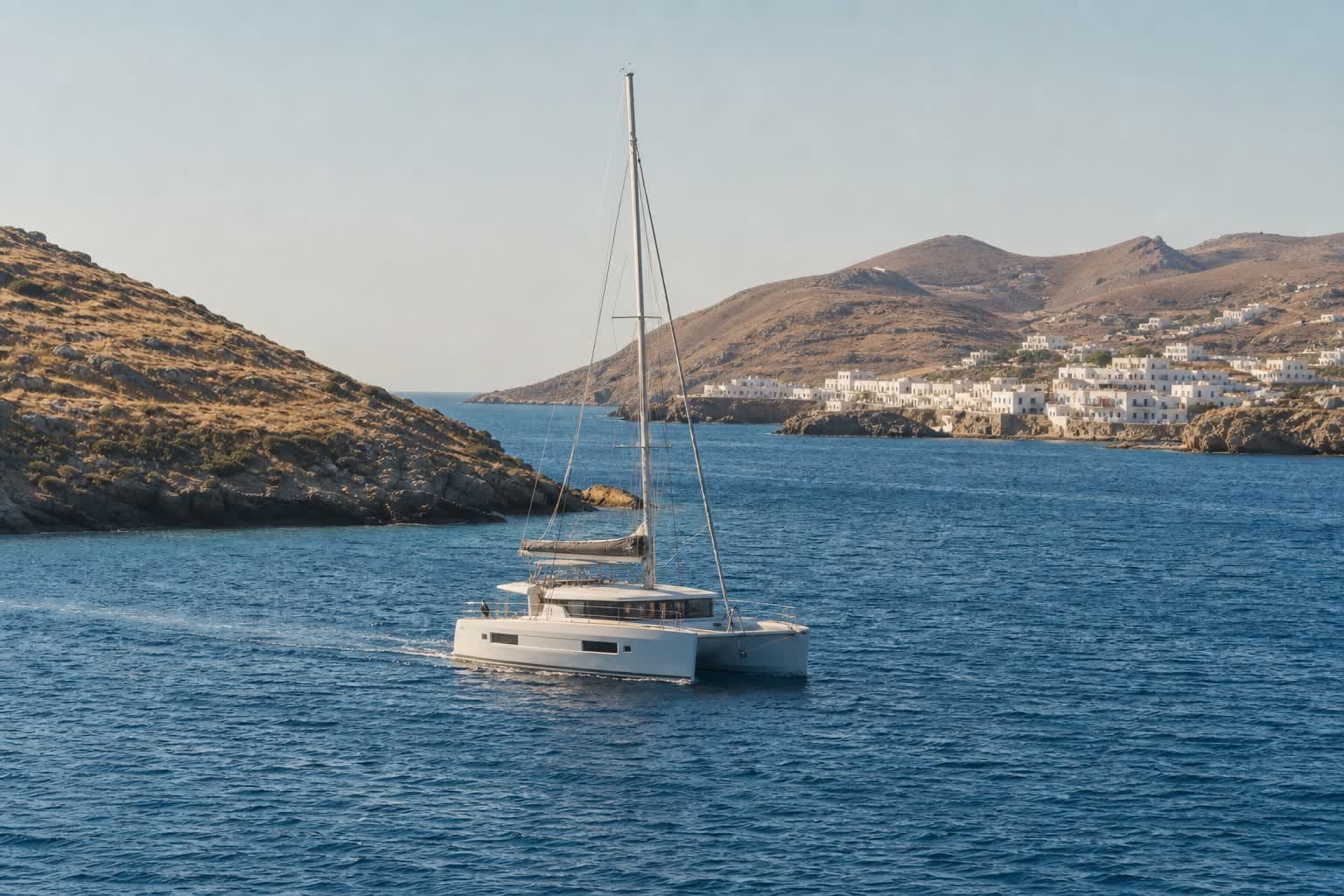 A sailing catamaran passing a whitewashed Greek island village