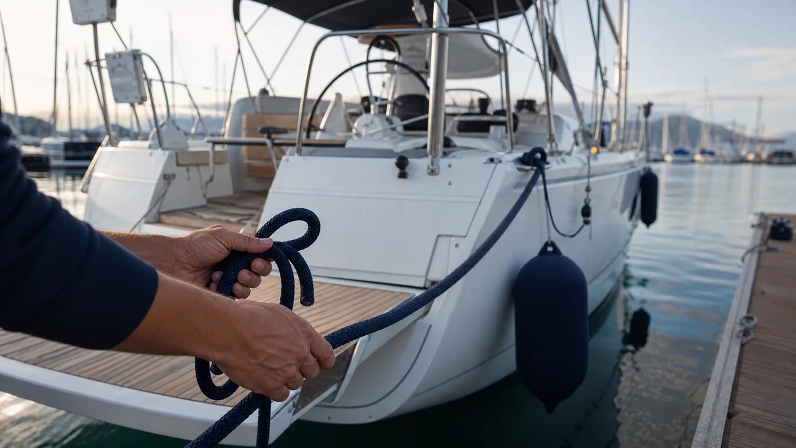 Hands preparing a yacht mooring line beside a quiet marina berth