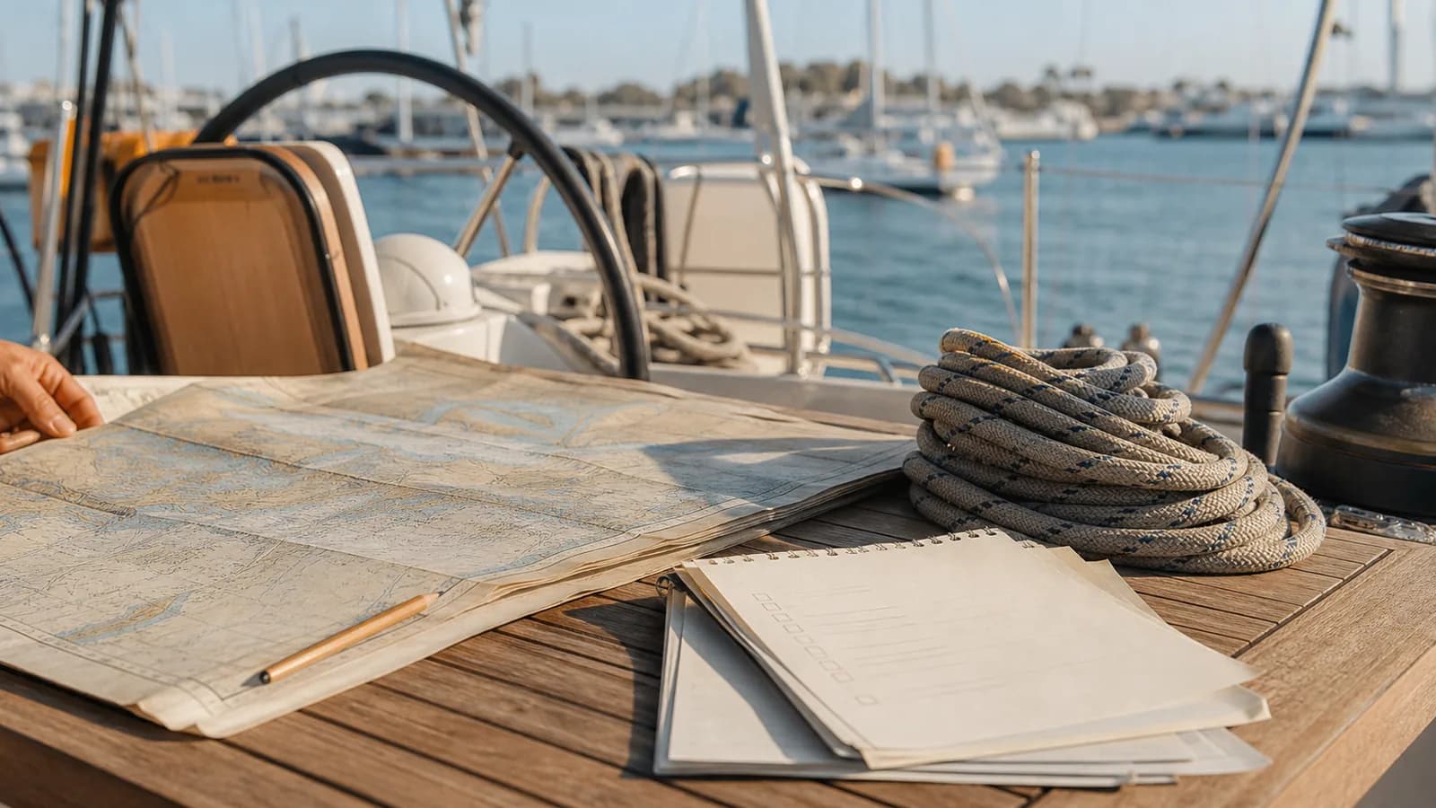 A coastal chart, checklist, and sailing rope arranged on a yacht cockpit table