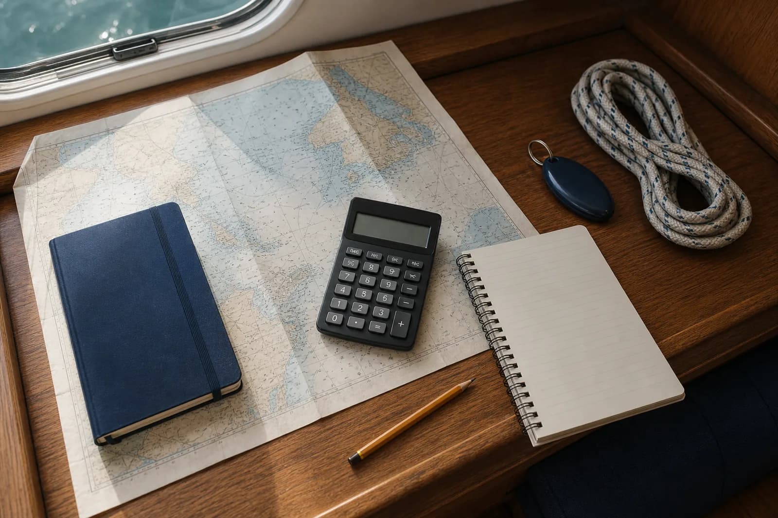 Calculadora, cuaderno y carta náutica para planificar el presupuesto de un chárter
