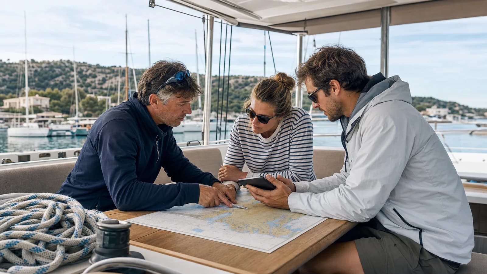 Un skipper professionnel et deux voyageurs examinent ensemble une route côtière dans le cockpit