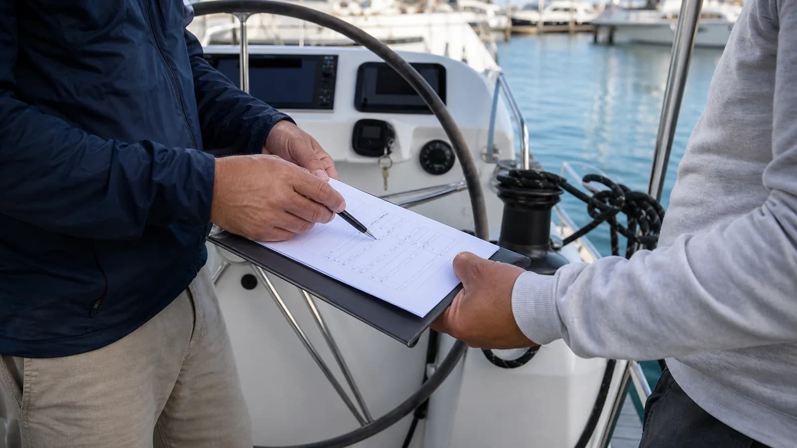 Dos personas documentan juntas la entrega de un yate junto al timón